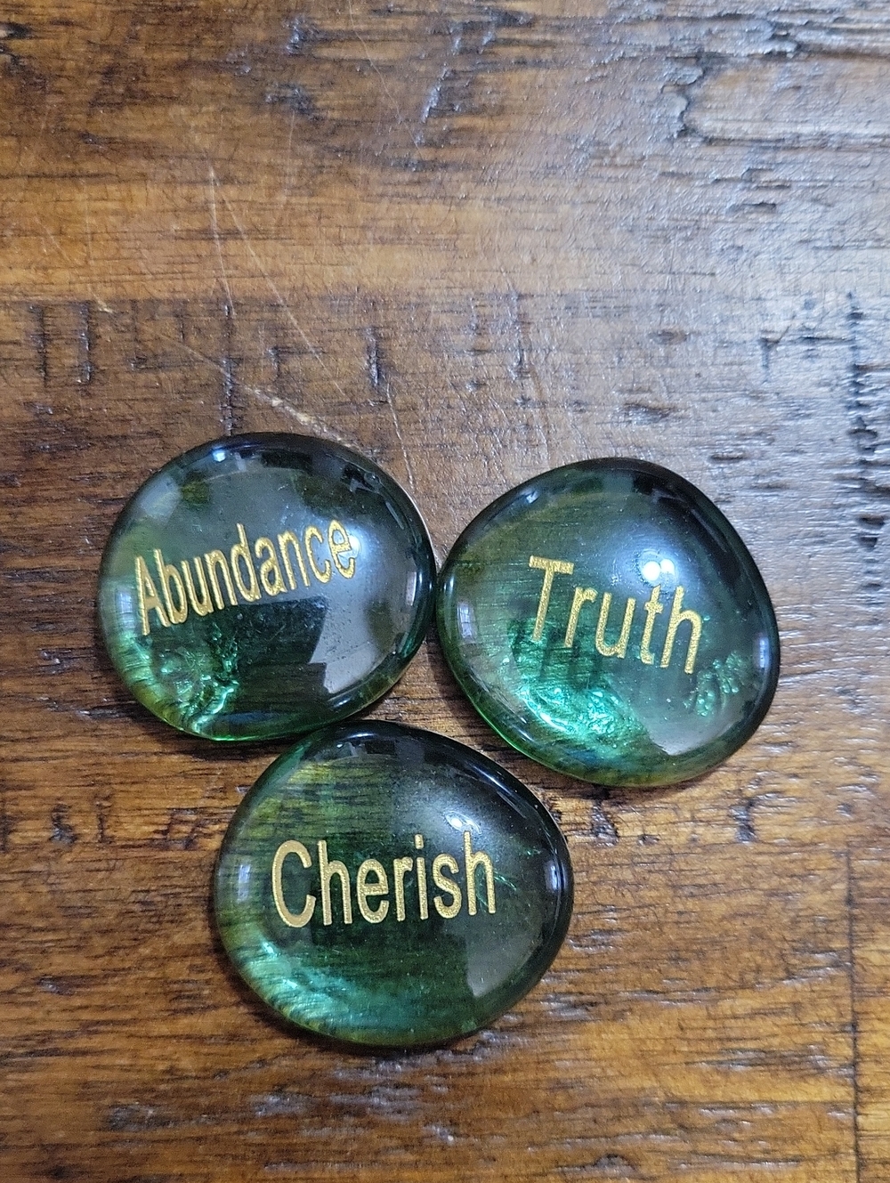 Green Inspirational Glass Gems - "Abundance, Truth, Cherish"